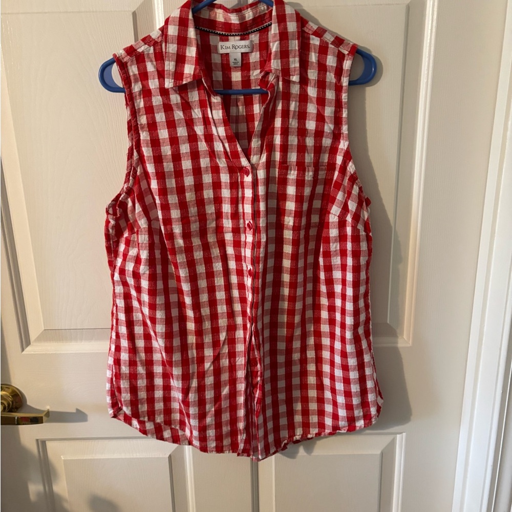 Kim Rogers Red and White Checkered Sleeveless Shirt